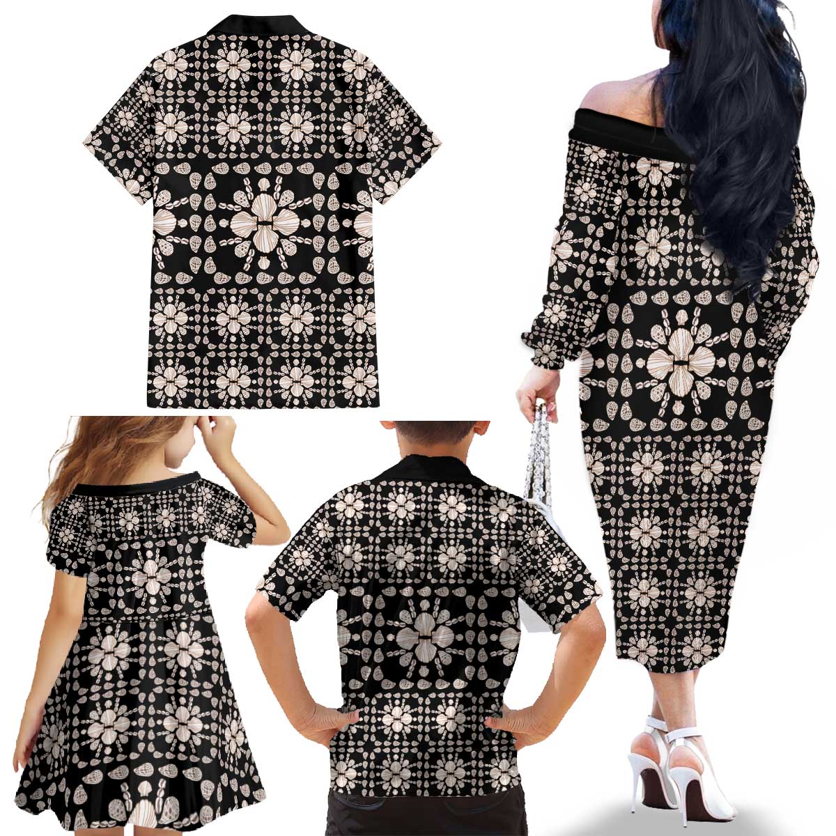 Aloha Hawaii Shell Quilt Family Matching Off The Shoulder Long Sleeve Dress and Hawaiian Shirt Seamless Style - Polynesian Pride