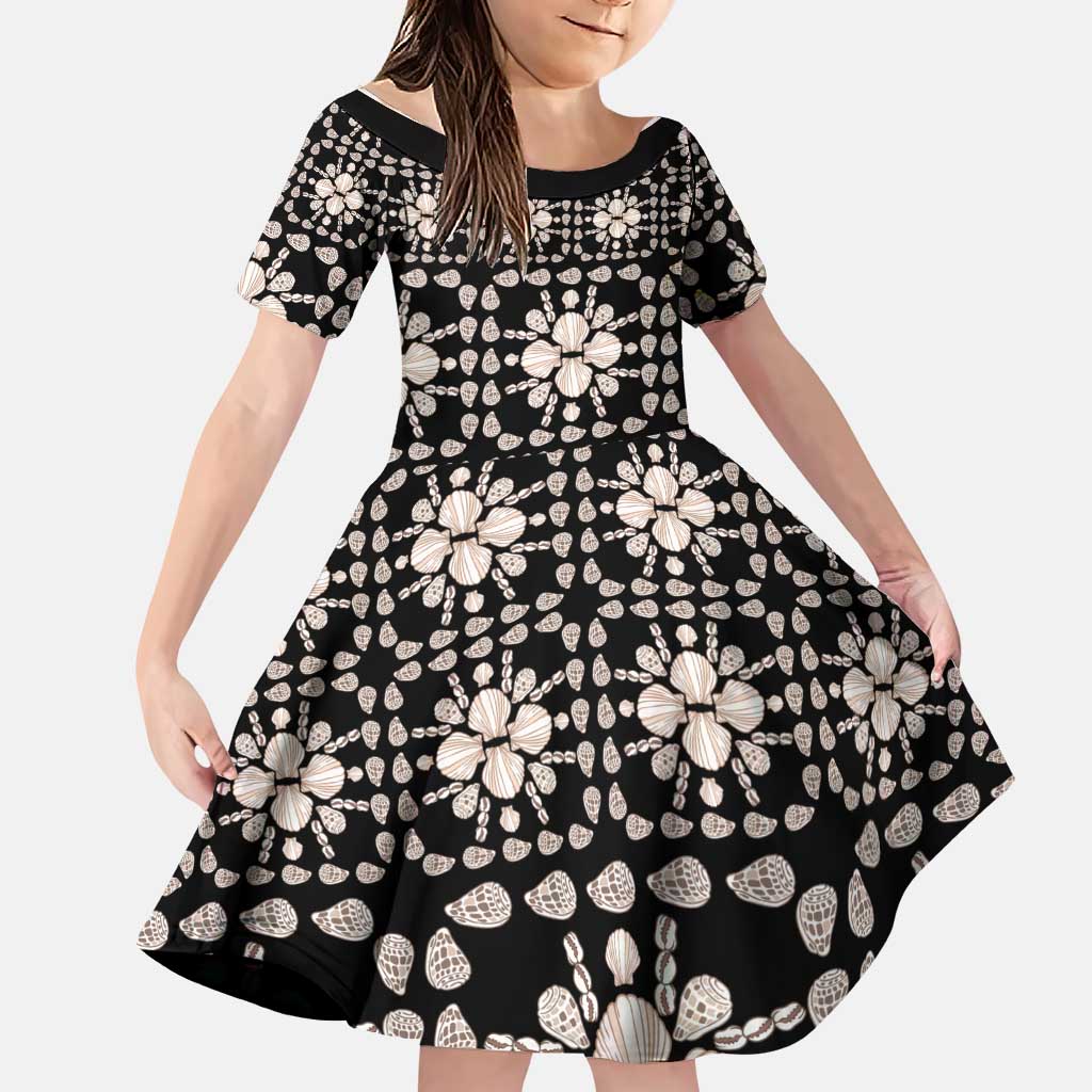 Aloha Hawaii Shell Quilt Family Matching Puletasi and Hawaiian Shirt Seamless Style LT14 Daughter's Dress Black - Polynesian Pride