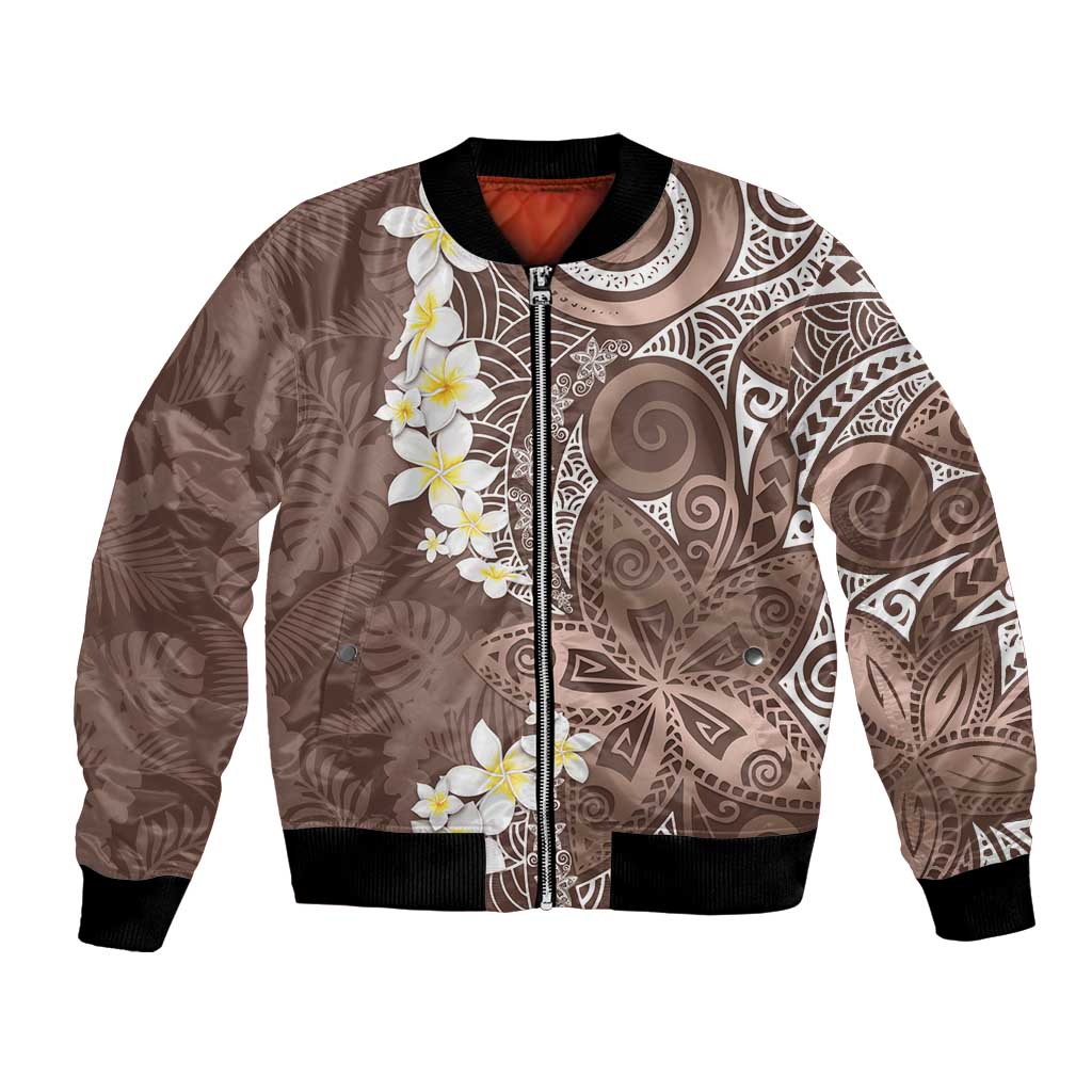 Mocha Mousse Polynesian Tribal Frangipani Tropical Vibe Bomber Jacket