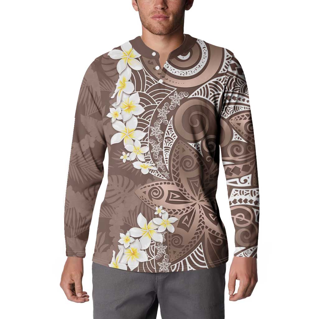 Mocha Mousse Polynesian Tribal Frangipani Tropical Vibe Button Sweatshirt