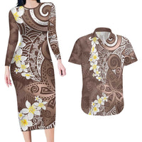 Mocha Mousse Polynesian Tribal Frangipani Tropical Vibe Couples Matching Long Sleeve Bodycon Dress and Hawaiian Shirt
