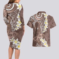 Mocha Mousse Polynesian Tribal Frangipani Tropical Vibe Couples Matching Long Sleeve Bodycon Dress and Hawaiian Shirt