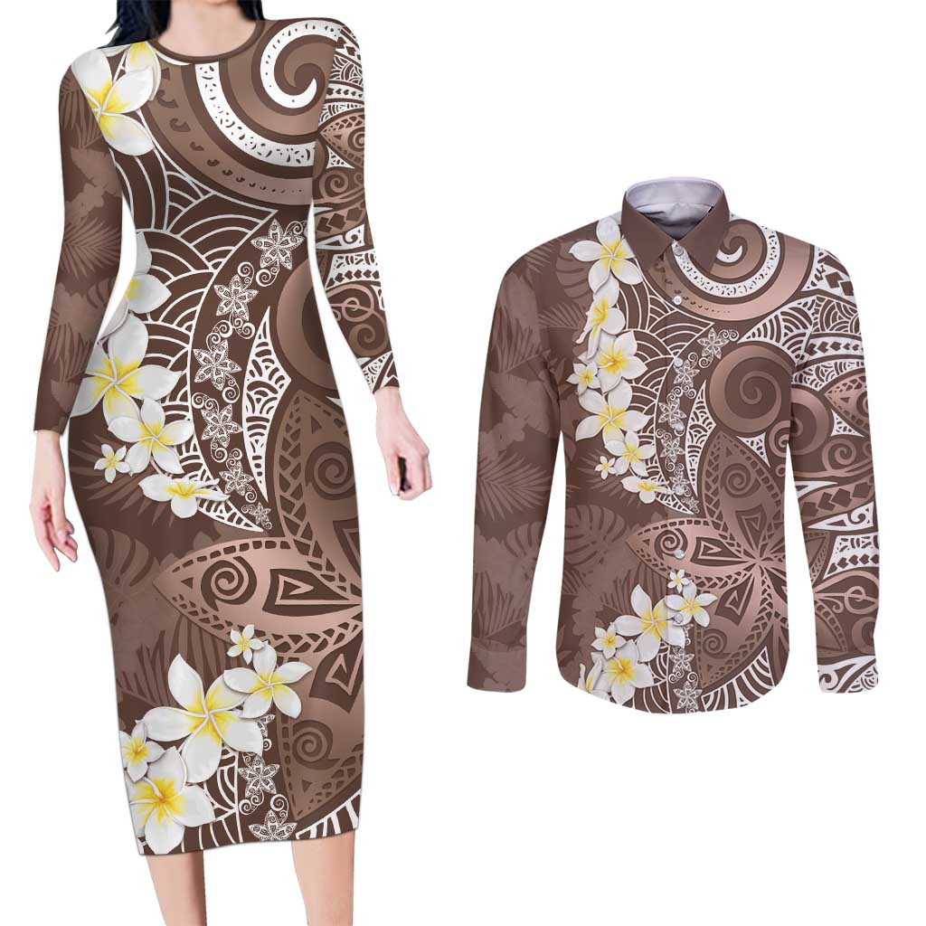 Mocha Mousse Polynesian Tribal Frangipani Tropical Vibe Couples Matching Long Sleeve Bodycon Dress and Long Sleeve Button Shirt LT14 Mocha Mousse - Polynesian Pride