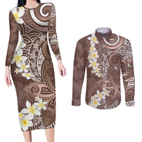 Mocha Mousse Polynesian Tribal Frangipani Tropical Vibe Couples Matching Long Sleeve Bodycon Dress and Long Sleeve Button Shirt