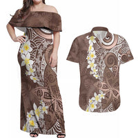 Mocha Mousse Polynesian Tribal Frangipani Tropical Vibe Couples Matching Off Shoulder Maxi Dress and Hawaiian Shirt