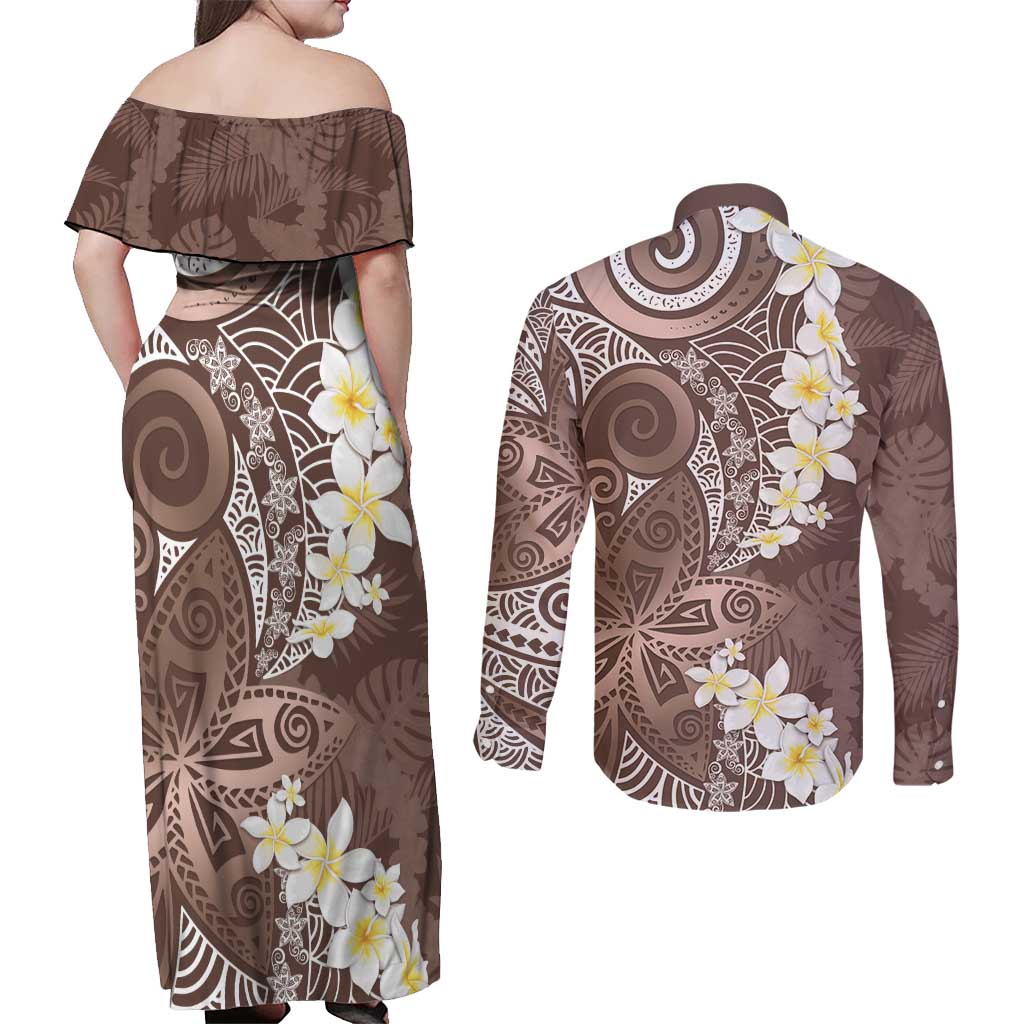 Mocha Mousse Polynesian Tribal Frangipani Tropical Vibe Couples Matching Off Shoulder Maxi Dress and Long Sleeve Button Shirt LT14 - Polynesian Pride