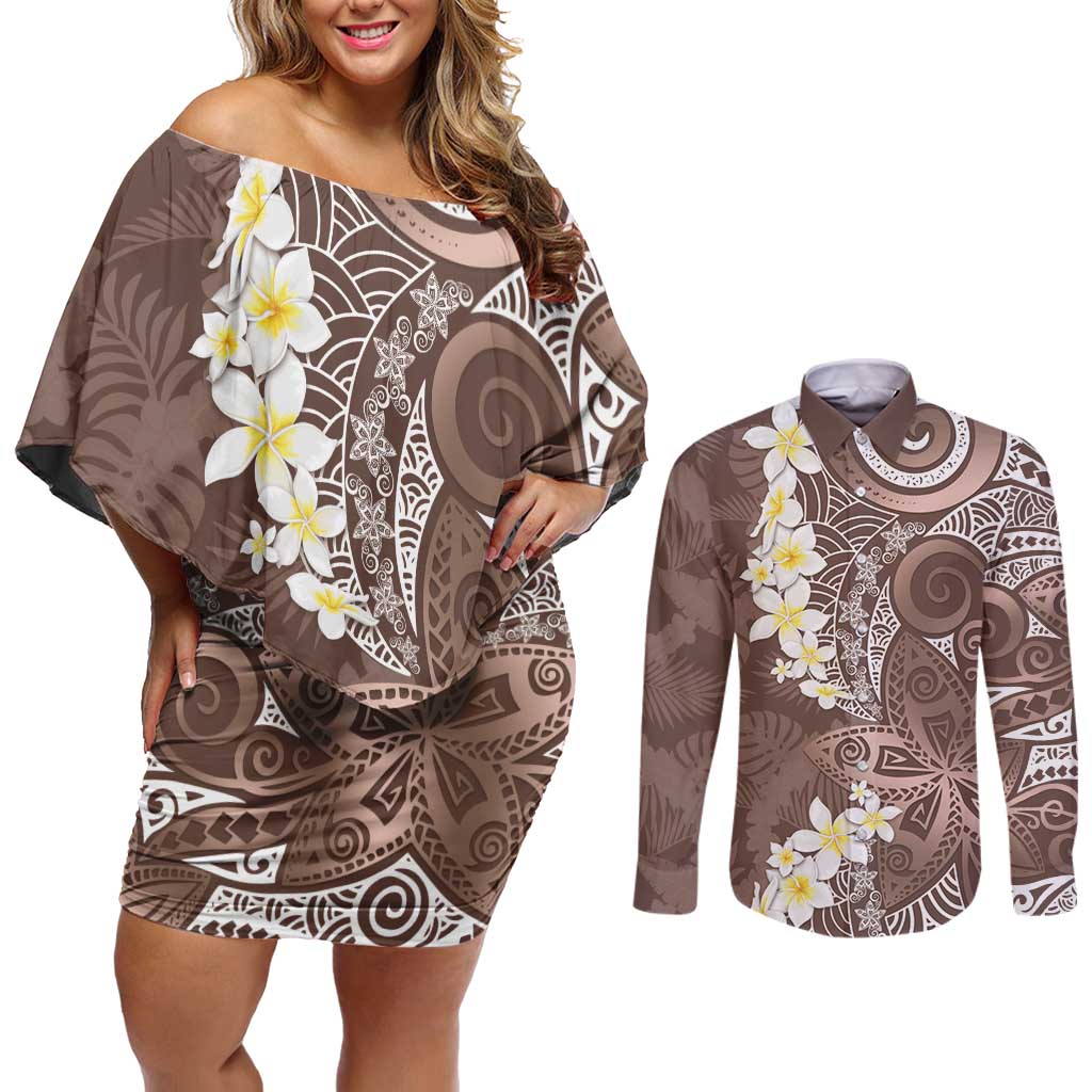 Mocha Mousse Polynesian Tribal Frangipani Tropical Vibe Couples Matching Off Shoulder Short Dress and Long Sleeve Button Shirt LT14 Mocha Mousse - Polynesian Pride