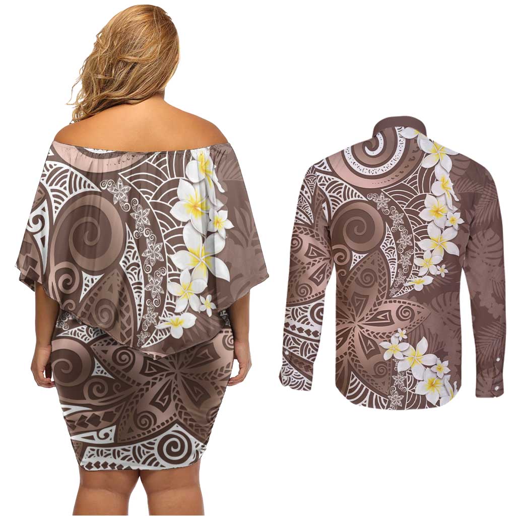 Mocha Mousse Polynesian Tribal Frangipani Tropical Vibe Couples Matching Off Shoulder Short Dress and Long Sleeve Button Shirt LT14 - Polynesian Pride