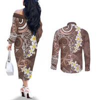 Mocha Mousse Polynesian Tribal Frangipani Tropical Vibe Couples Matching Off The Shoulder Long Sleeve Dress and Long Sleeve Button Shirt LT14 - Polynesian Pride