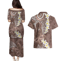 Mocha Mousse Polynesian Tribal Frangipani Tropical Vibe Couples Matching Puletasi and Hawaiian Shirt