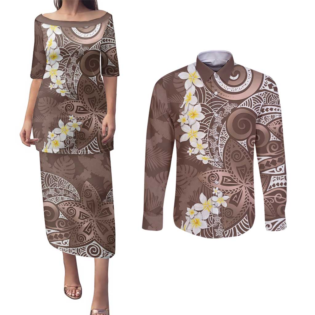 Mocha Mousse Polynesian Tribal Frangipani Tropical Vibe Couples Matching Puletasi and Long Sleeve Button Shirt LT14 Mocha Mousse - Polynesian Pride