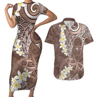 Mocha Mousse Polynesian Tribal Frangipani Tropical Vibe Couples Matching Short Sleeve Bodycon Dress and Hawaiian Shirt