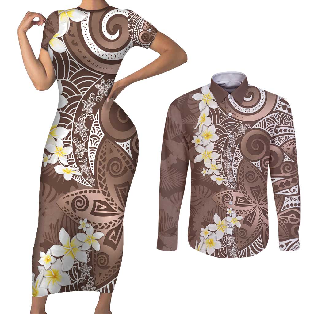 Mocha Mousse Polynesian Tribal Frangipani Tropical Vibe Couples Matching Short Sleeve Bodycon Dress and Long Sleeve Button Shirt LT14 Mocha Mousse - Polynesian Pride