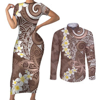 Mocha Mousse Polynesian Tribal Frangipani Tropical Vibe Couples Matching Short Sleeve Bodycon Dress and Long Sleeve Button Shirt LT14 Mocha Mousse - Polynesian Pride