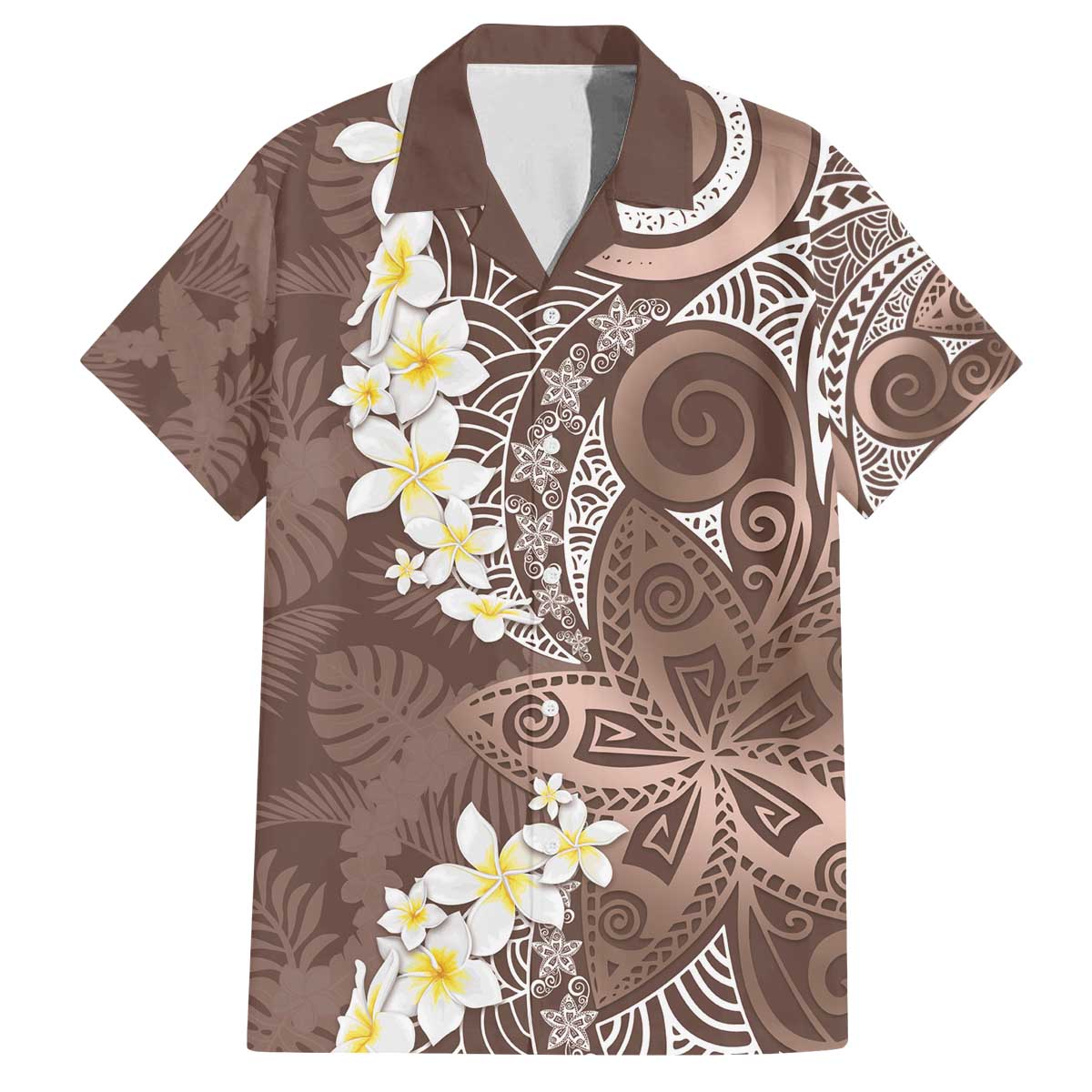 Mocha Mousse Polynesian Tribal Frangipani Tropical Vibe Family Matching Off The Shoulder Long Sleeve Dress and Hawaiian Shirt