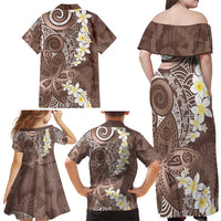 Mocha Mousse Polynesian Tribal Frangipani Tropical Vibe Family Matching Off Shoulder Maxi Dress and Hawaiian Shirt