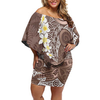 Mocha Mousse Polynesian Tribal Frangipani Tropical Vibe Family Matching Off Shoulder Short Dress and Hawaiian Shirt