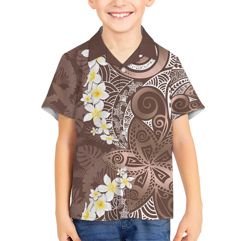 Mocha Mousse Polynesian Tribal Frangipani Tropical Vibe Kid Hawaiian Shirt