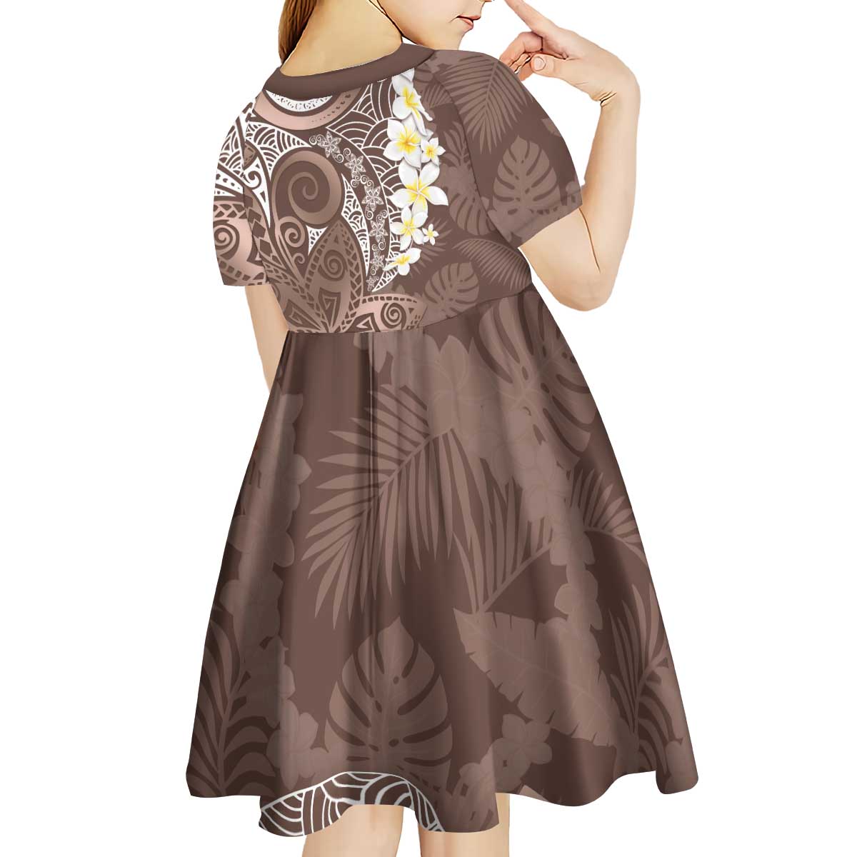 Mocha Mousse Polynesian Tribal Frangipani Tropical Vibe Kid Short Sleeve Dress