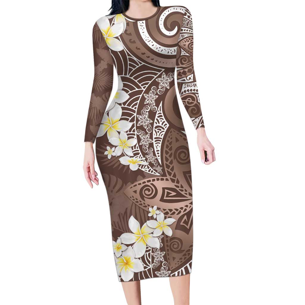 Mocha Mousse Polynesian Tribal Frangipani Tropical Vibe Long Sleeve Bodycon Dress