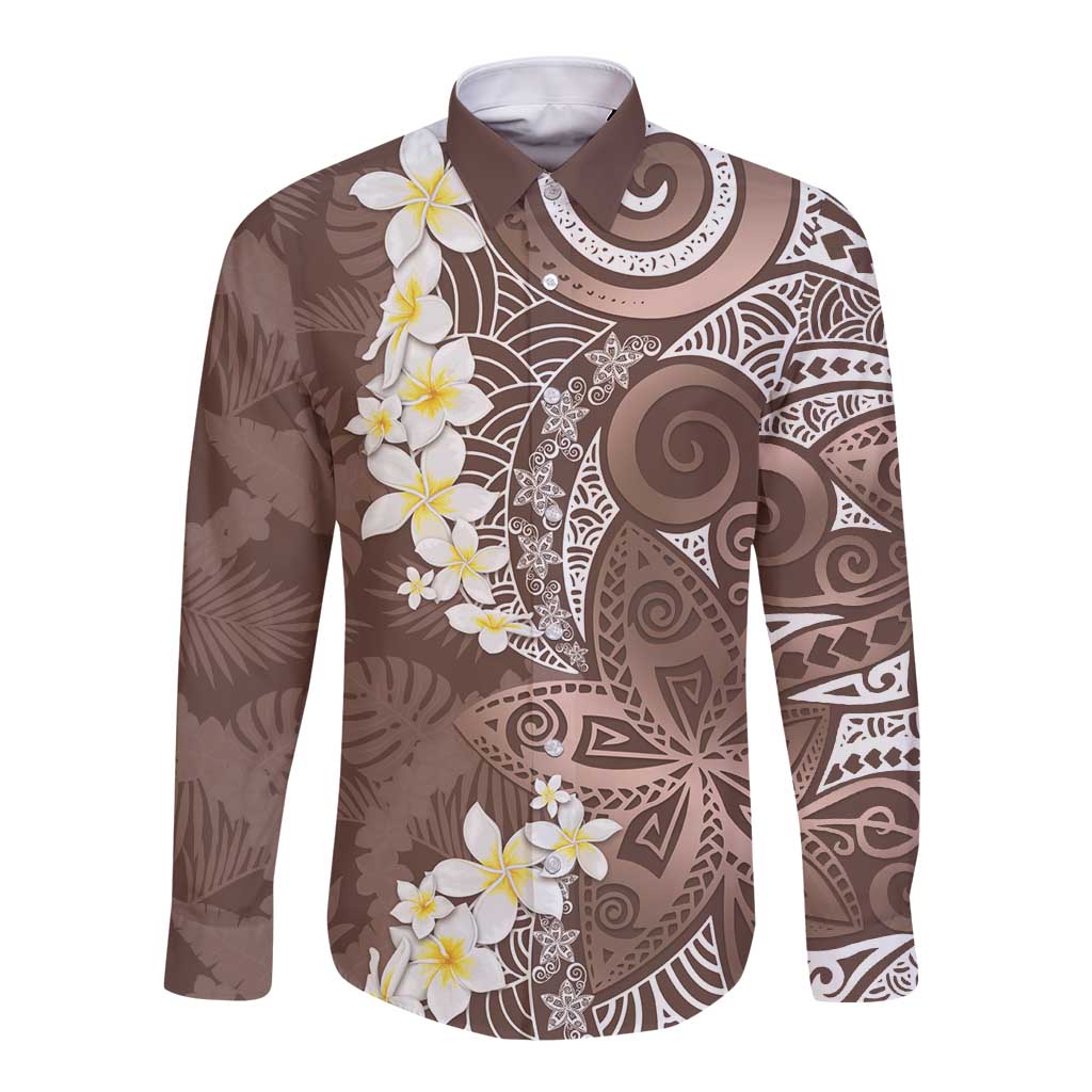 Mocha Mousse Polynesian Tribal Frangipani Tropical Vibe Long Sleeve Button Shirt LT14 Unisex Mocha Mousse - Polynesian Pride