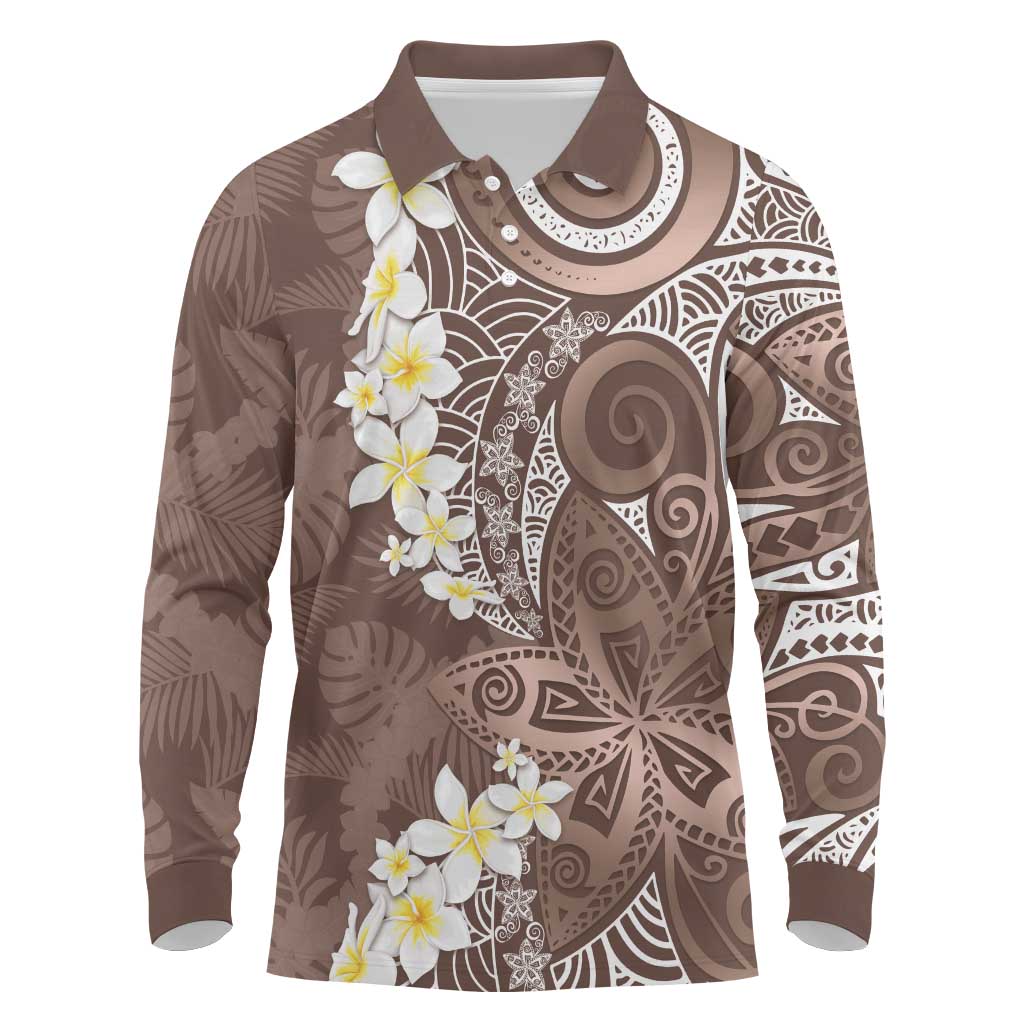 Mocha Mousse Polynesian Tribal Frangipani Tropical Vibe Long Sleeve Polo Shirt LT14 Mocha Mousse - Polynesian Pride