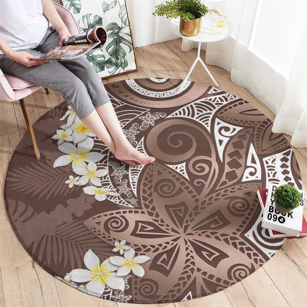 Mocha Mousse Polynesian Tribal Frangipani Tropical Vibe Round Carpet