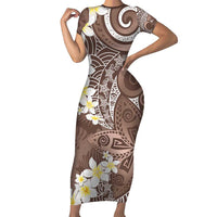 Mocha Mousse Polynesian Tribal Frangipani Tropical Vibe Short Sleeve Bodycon Dress