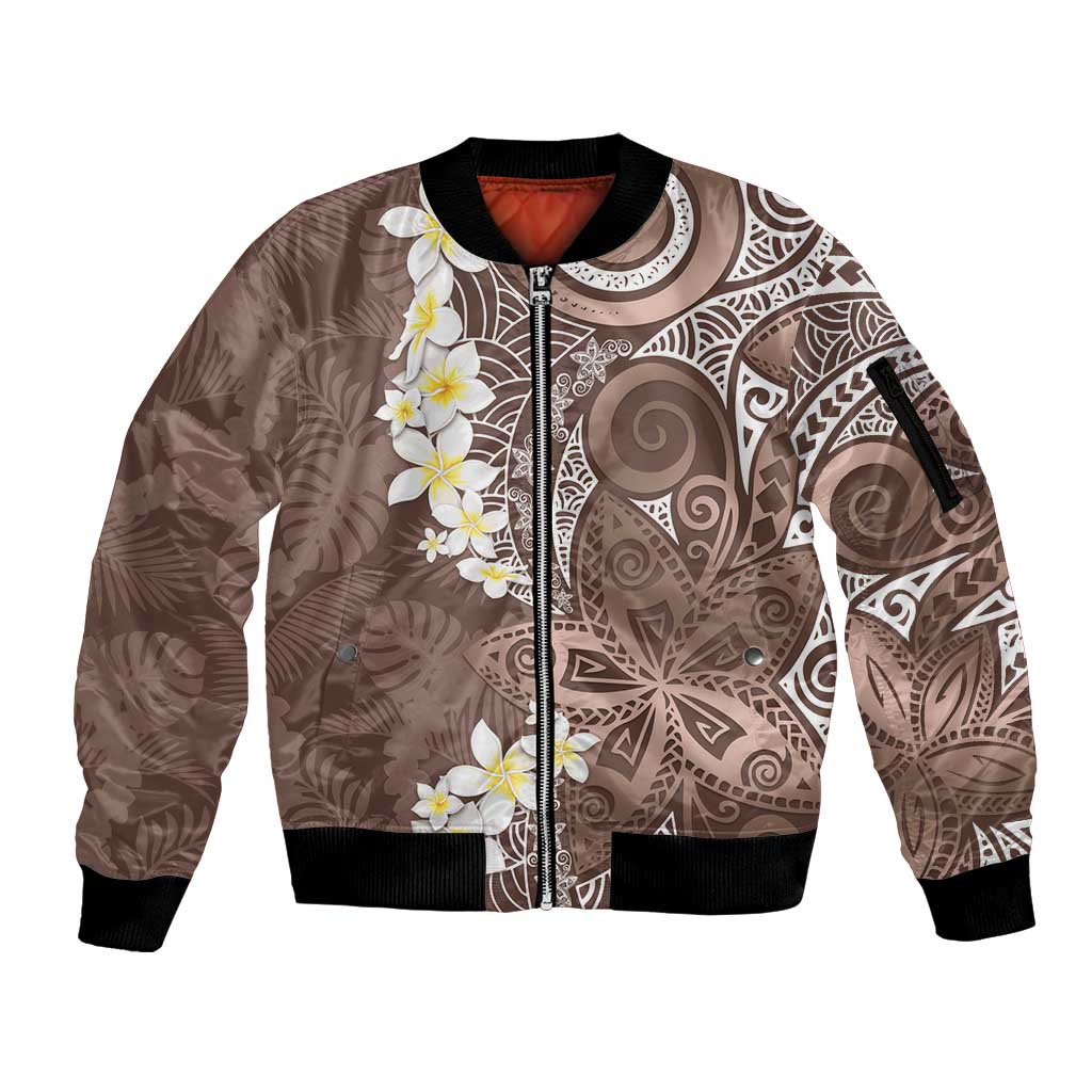 Mocha Mousse Polynesian Tribal Frangipani Tropical Vibe Sleeve Zip Bomber Jacket
