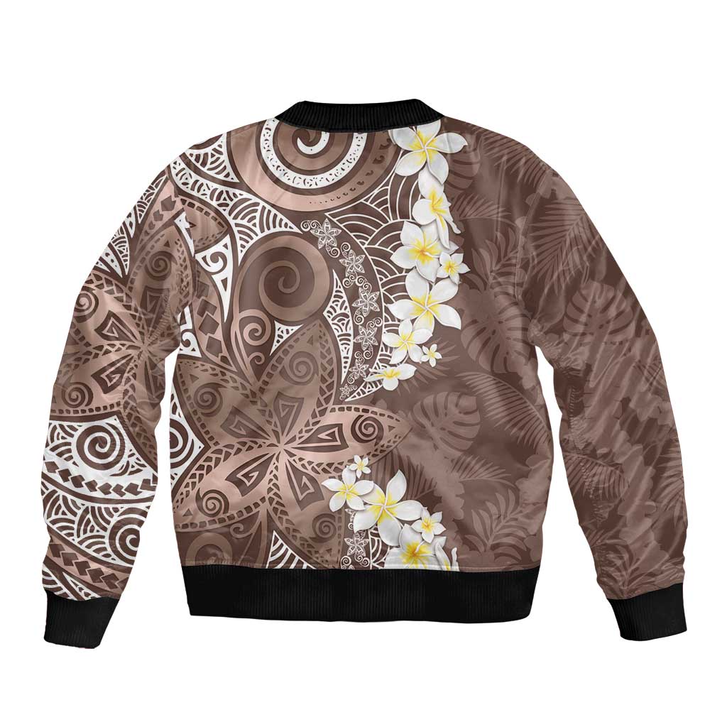 Mocha Mousse Polynesian Tribal Frangipani Tropical Vibe Sleeve Zip Bomber Jacket