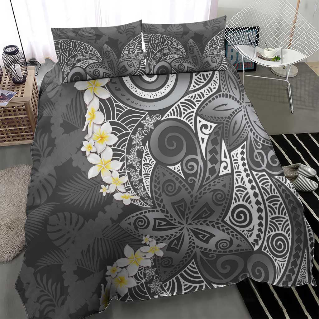 Gray Polynesian Tribal Frangipani Tropical Vibe Bedding Set