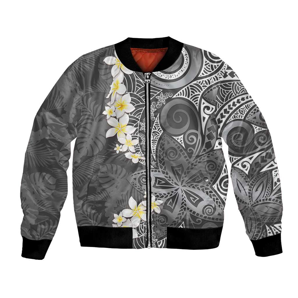 Gray Polynesian Tribal Frangipani Tropical Vibe Bomber Jacket