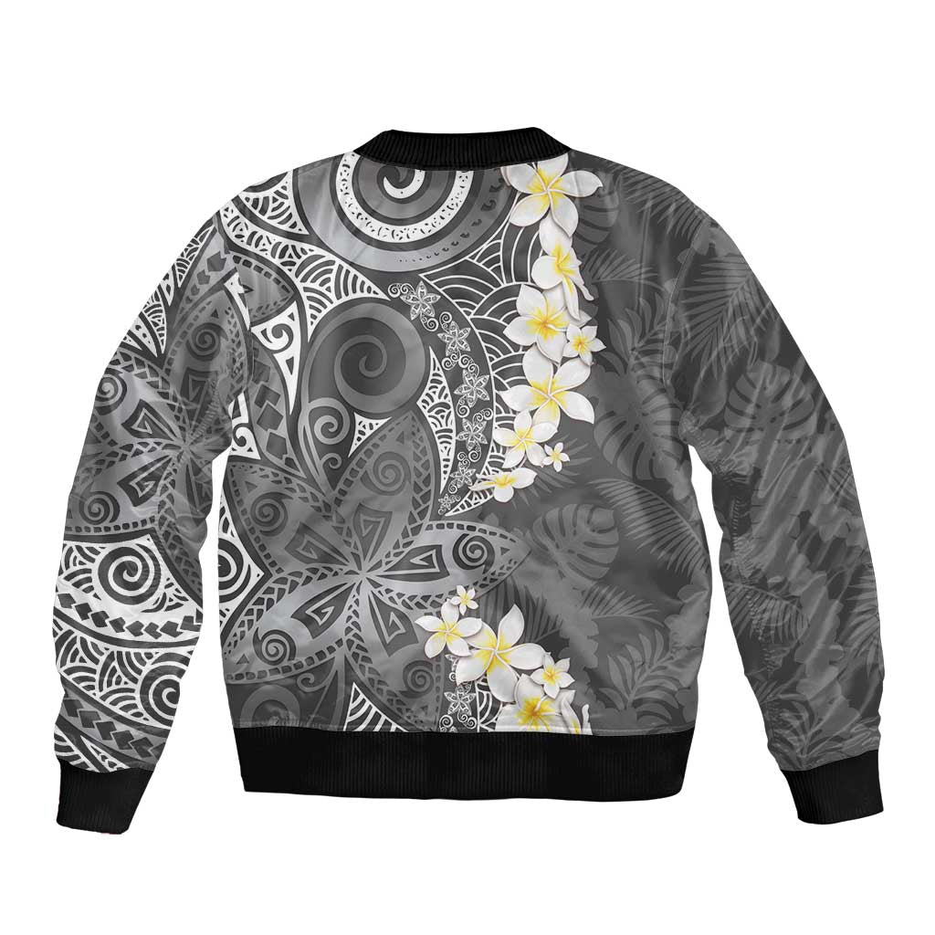 Gray Polynesian Tribal Frangipani Tropical Vibe Bomber Jacket