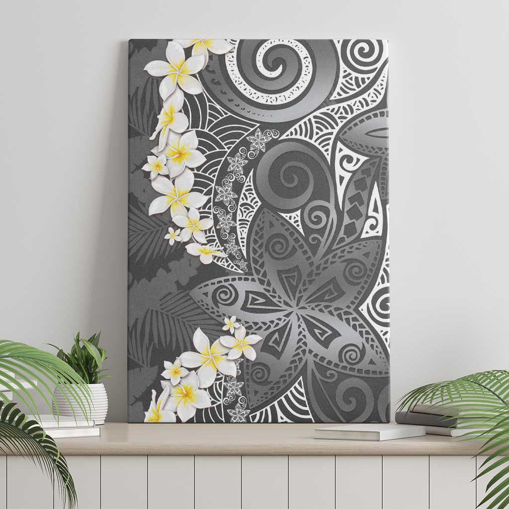 Gray Polynesian Tribal Frangipani Tropical Vibe Canvas Wall Art