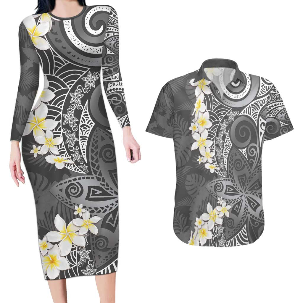 Gray Polynesian Tribal Frangipani Tropical Vibe Couples Matching Long Sleeve Bodycon Dress and Hawaiian Shirt