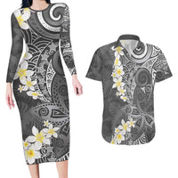 Gray Polynesian Tribal Frangipani Tropical Vibe Couples Matching Long Sleeve Bodycon Dress and Hawaiian Shirt