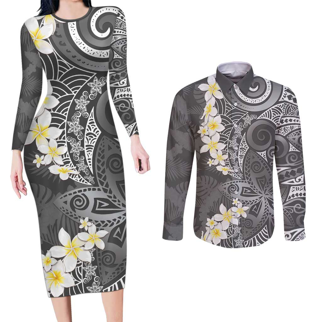 Gray Polynesian Tribal Frangipani Tropical Vibe Couples Matching Long Sleeve Bodycon Dress and Long Sleeve Button Shirt LT14 Gray - Polynesian Pride