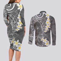 Gray Polynesian Tribal Frangipani Tropical Vibe Couples Matching Long Sleeve Bodycon Dress and Long Sleeve Button Shirt LT14 - Polynesian Pride