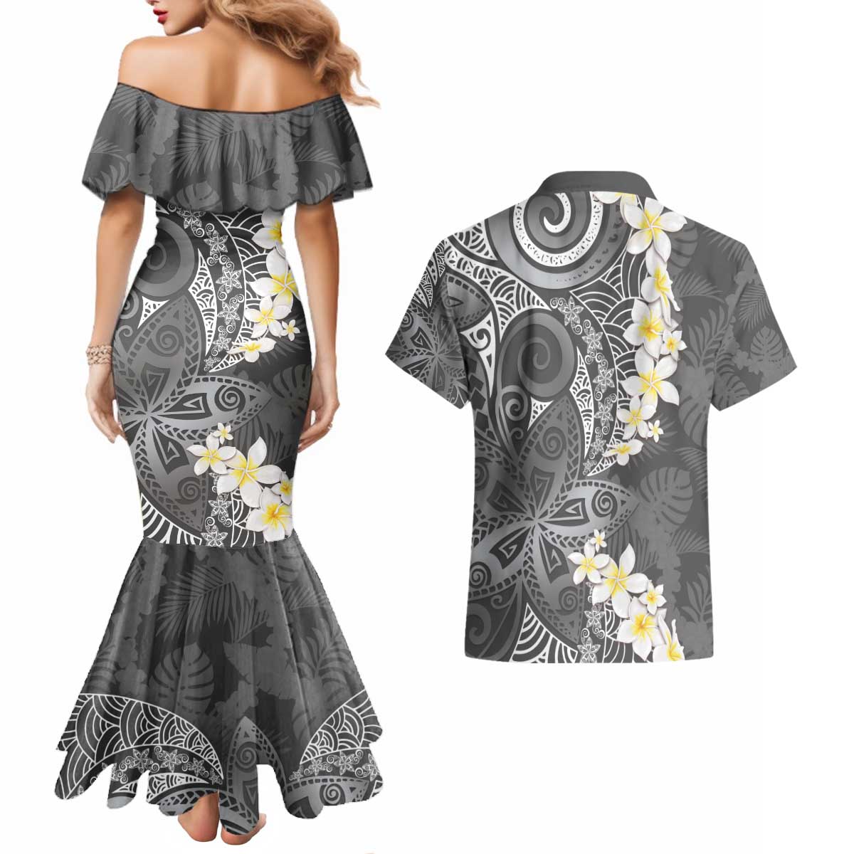 Gray Polynesian Tribal Frangipani Tropical Vibe Couples Matching Mermaid Dress and Hawaiian Shirt