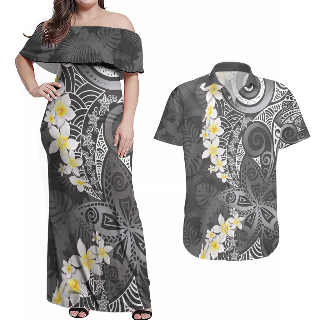 Gray Polynesian Tribal Frangipani Tropical Vibe Couples Matching Off Shoulder Maxi Dress and Hawaiian Shirt