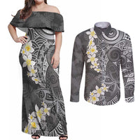 Gray Polynesian Tribal Frangipani Tropical Vibe Couples Matching Off Shoulder Maxi Dress and Long Sleeve Button Shirt LT14 Gray - Polynesian Pride