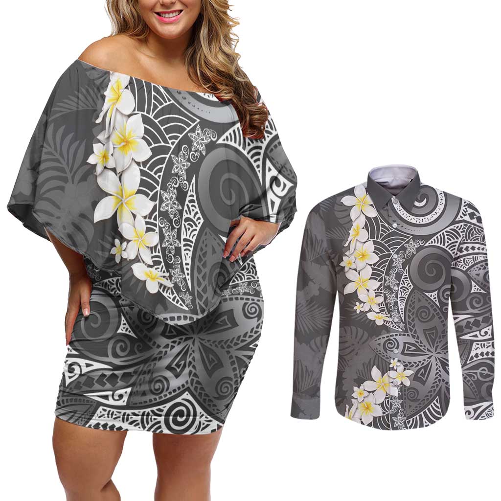 Gray Polynesian Tribal Frangipani Tropical Vibe Couples Matching Off Shoulder Short Dress and Long Sleeve Button Shirt LT14 Gray - Polynesian Pride