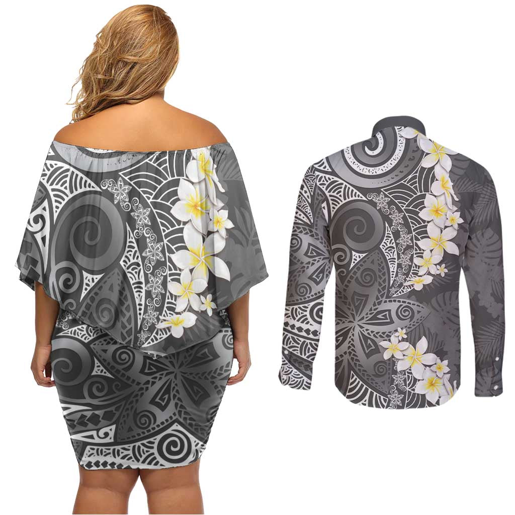 Gray Polynesian Tribal Frangipani Tropical Vibe Couples Matching Off Shoulder Short Dress and Long Sleeve Button Shirt LT14 - Polynesian Pride