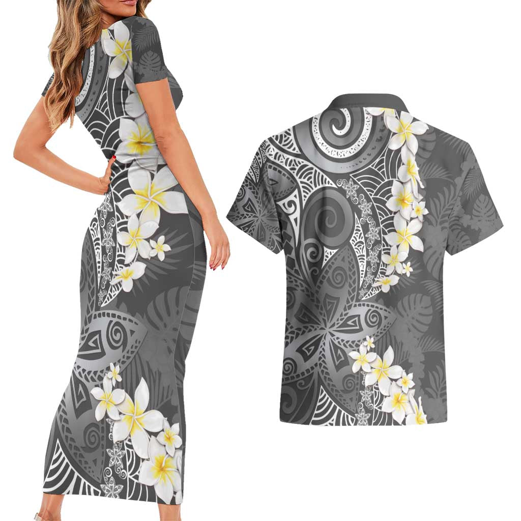 Gray Polynesian Tribal Frangipani Tropical Vibe Couples Matching Short Sleeve Bodycon Dress and Hawaiian Shirt