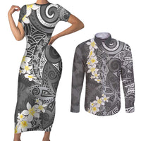 Gray Polynesian Tribal Frangipani Tropical Vibe Couples Matching Short Sleeve Bodycon Dress and Long Sleeve Button Shirt LT14 Gray - Polynesian Pride