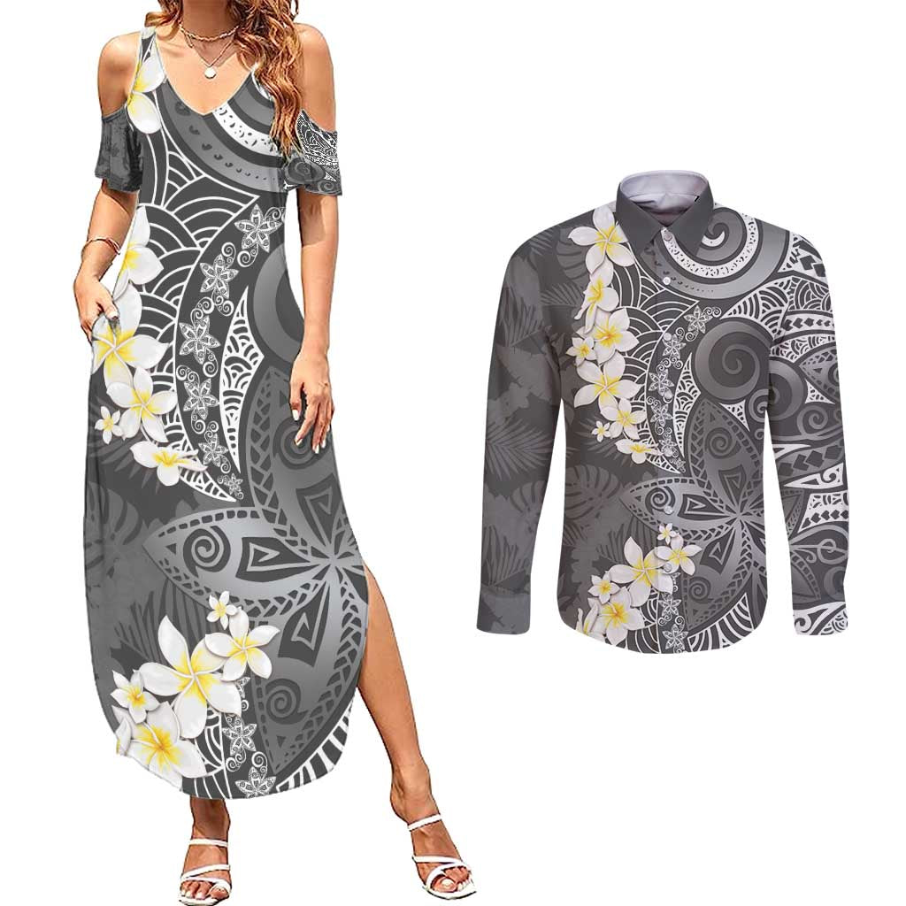 Gray Polynesian Tribal Frangipani Tropical Vibe Couples Matching Summer Maxi Dress and Long Sleeve Button Shirt LT14 Gray - Polynesian Pride