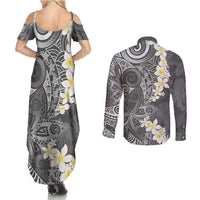 Gray Polynesian Tribal Frangipani Tropical Vibe Couples Matching Summer Maxi Dress and Long Sleeve Button Shirt LT14 - Polynesian Pride