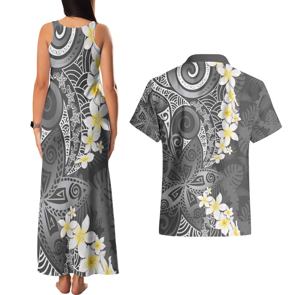Gray Polynesian Tribal Frangipani Tropical Vibe Couples Matching Tank Maxi Dress and Hawaiian Shirt