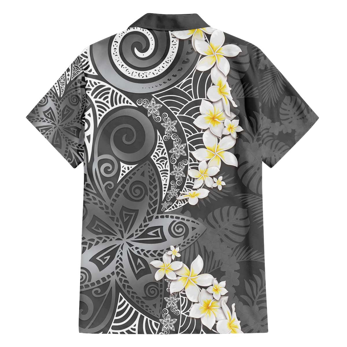 Gray Polynesian Tribal Frangipani Tropical Vibe Family Matching Off The Shoulder Long Sleeve Dress and Hawaiian Shirt