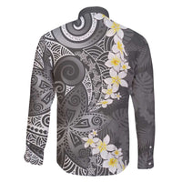Gray Polynesian Tribal Frangipani Tropical Vibe Family Matching Off The Shoulder Long Sleeve Dress and Hawaiian Shirt